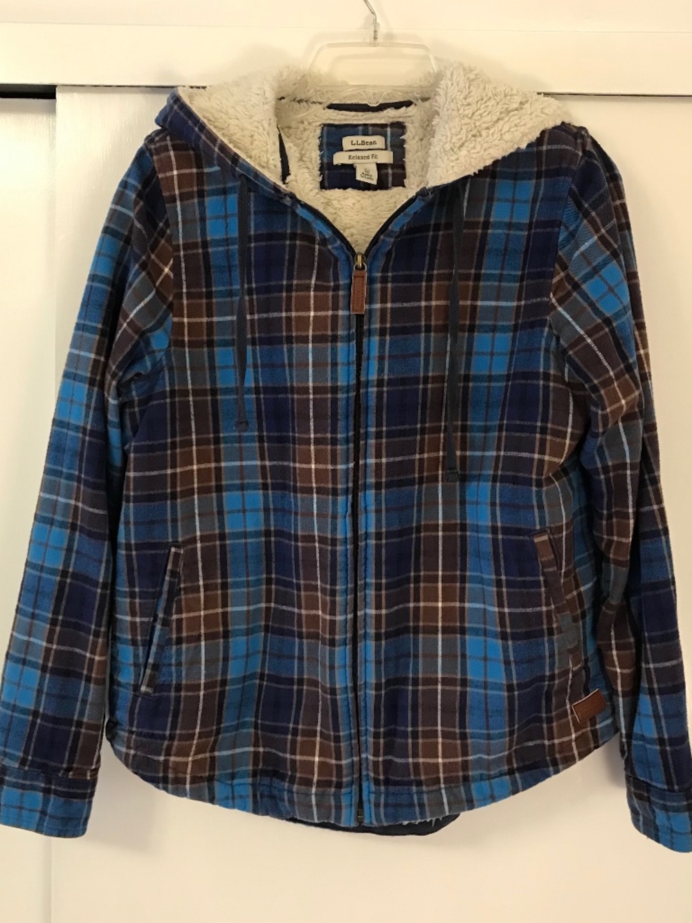 L.L. Bean Relaxed Fit, Sherpa Lined, Hooded Jacket, XS, Blue & Brown, Plaid